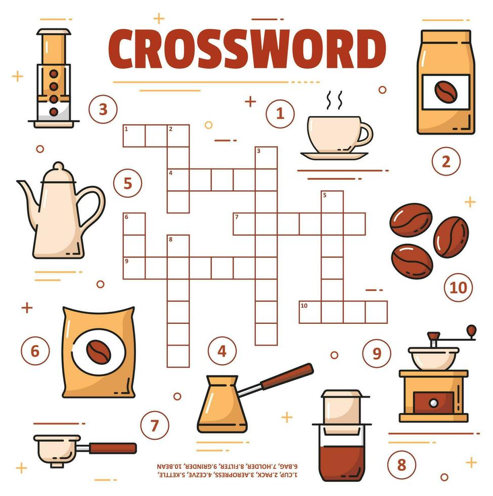 Coffee brewing, cup, bean crossword grid worksheet vector