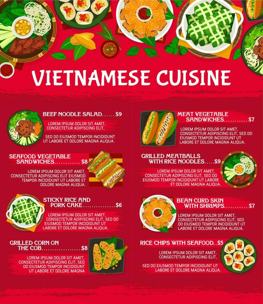Vietnamese cuisine restaurant meals menu template vector