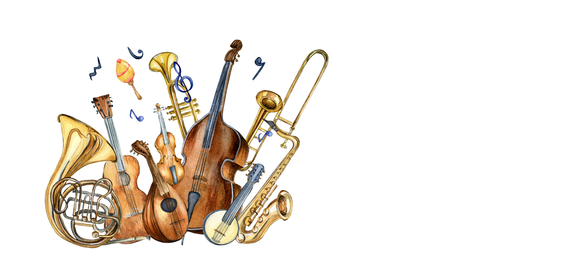 Guitar, violin, contrabass and banjo, mandolin watercolor illustration