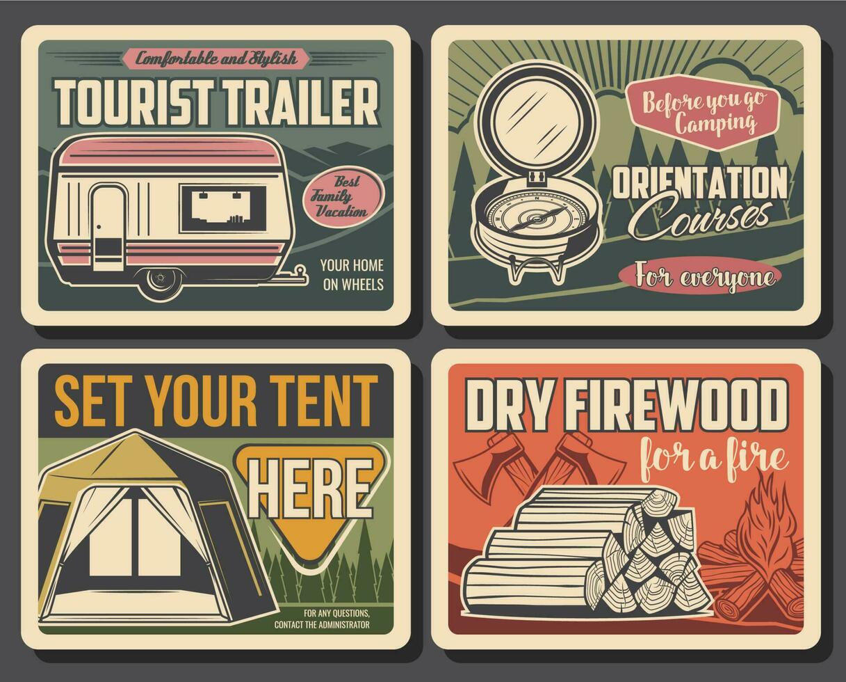 Summer camping, tourist trailer, firewood and tent vector