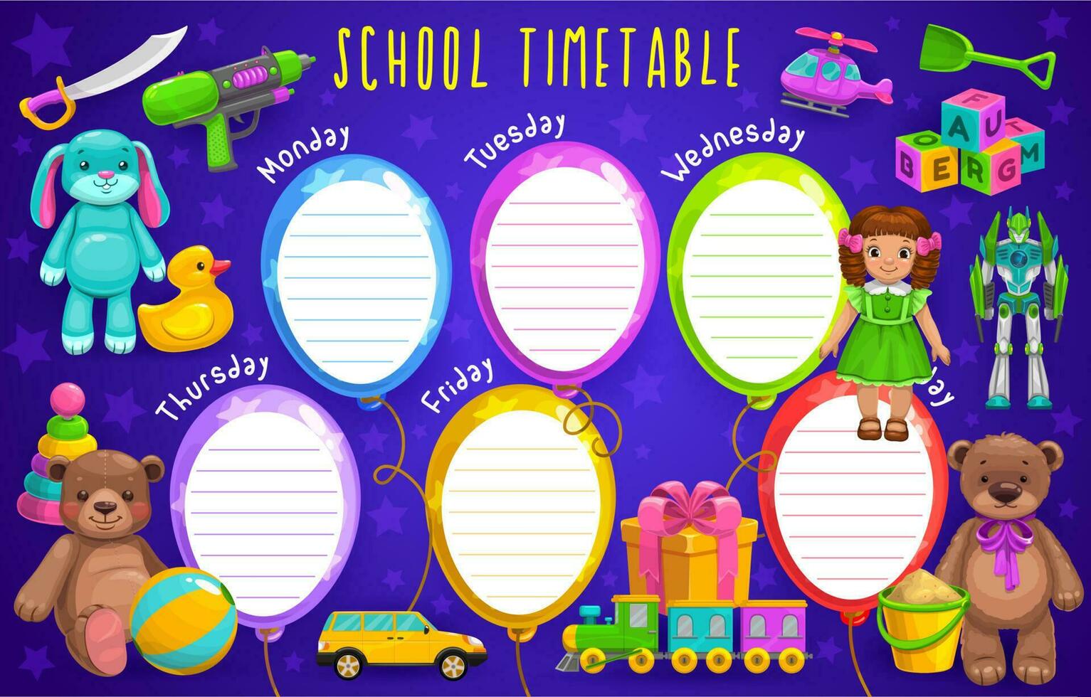 School timetable with balloons and toys vector