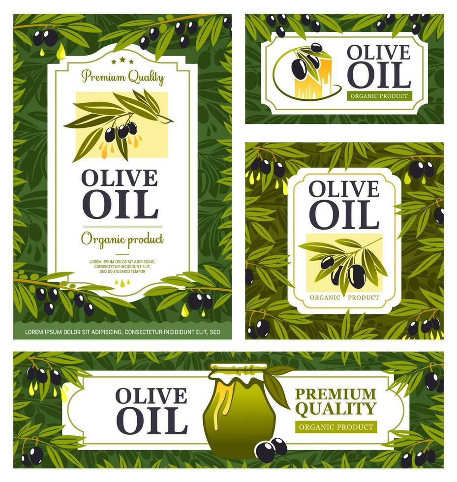 Olive oil posters, olives tree food bottle labels vector