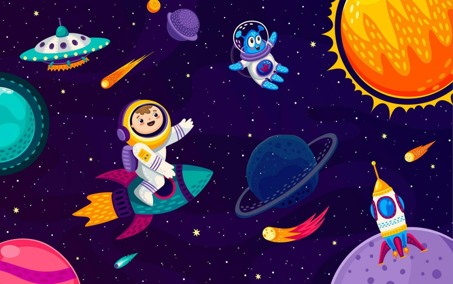 niño astronauta y extraterrestre caracteres en espacio galaxia vector