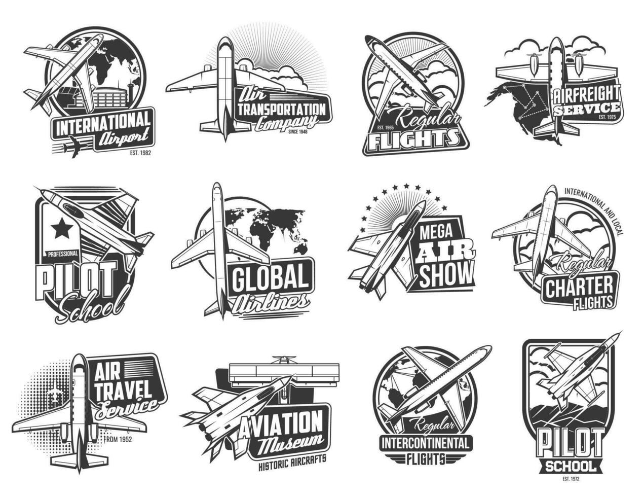 Airline flights, air transport vector icons set