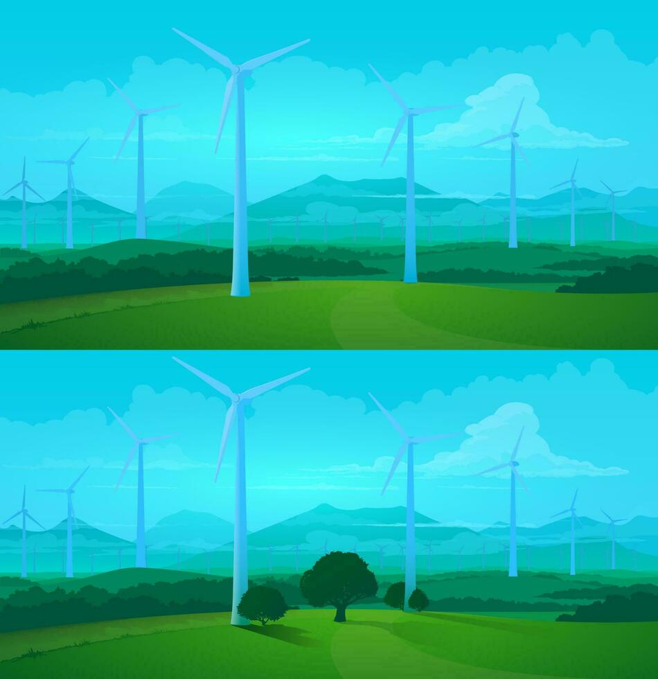 Wind turbines, green energy farm field background vector