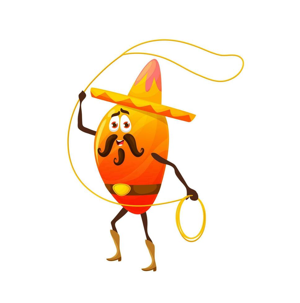 Cartoon cowboy mango character with lasso, vector