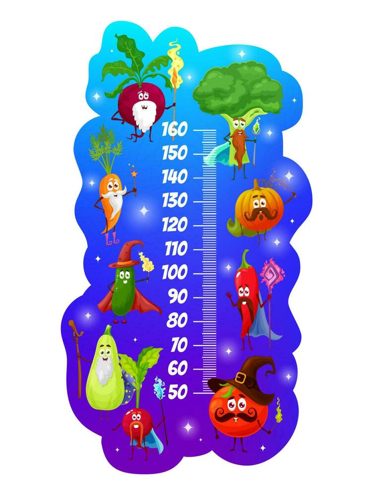 Kids height chart, magicians and vegetable wizards vector