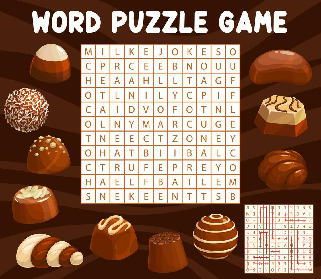 Chocolate candies, sweets word search puzzle game vector