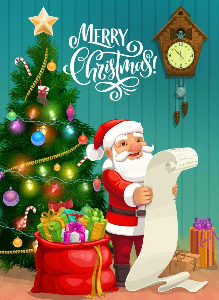 Christmas poster, Santa reading gifts wish list vector