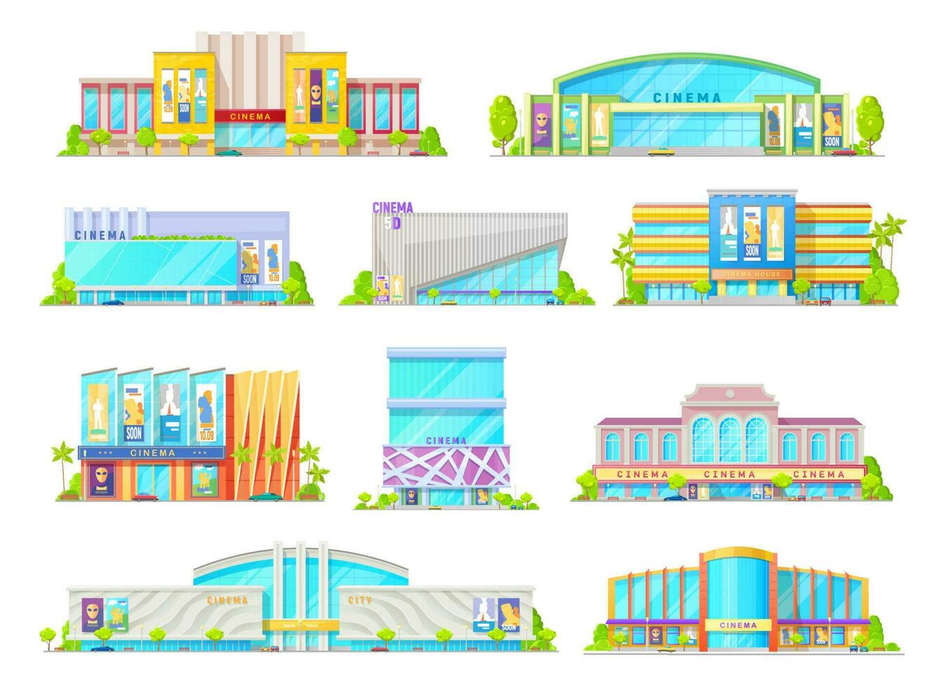 Cinema or movie theater building facade icons vector