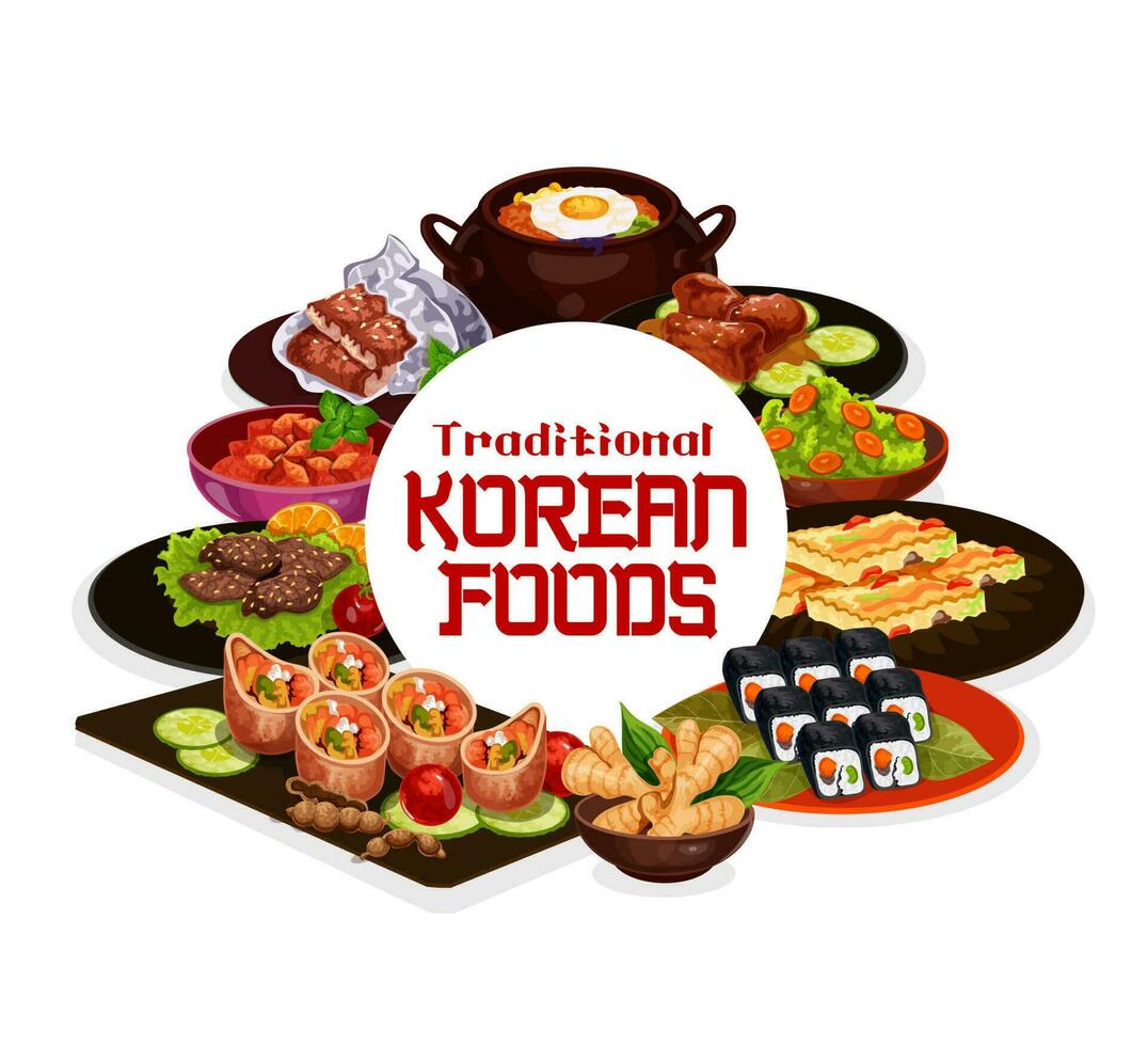 Traditional Korean food, cuisine dishes vector