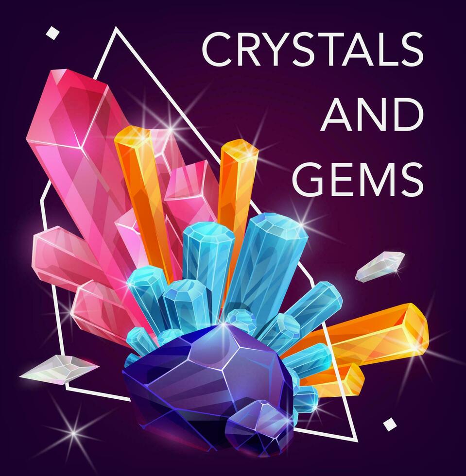 Crystal gem stones, rocks of quartz and diamonds vector