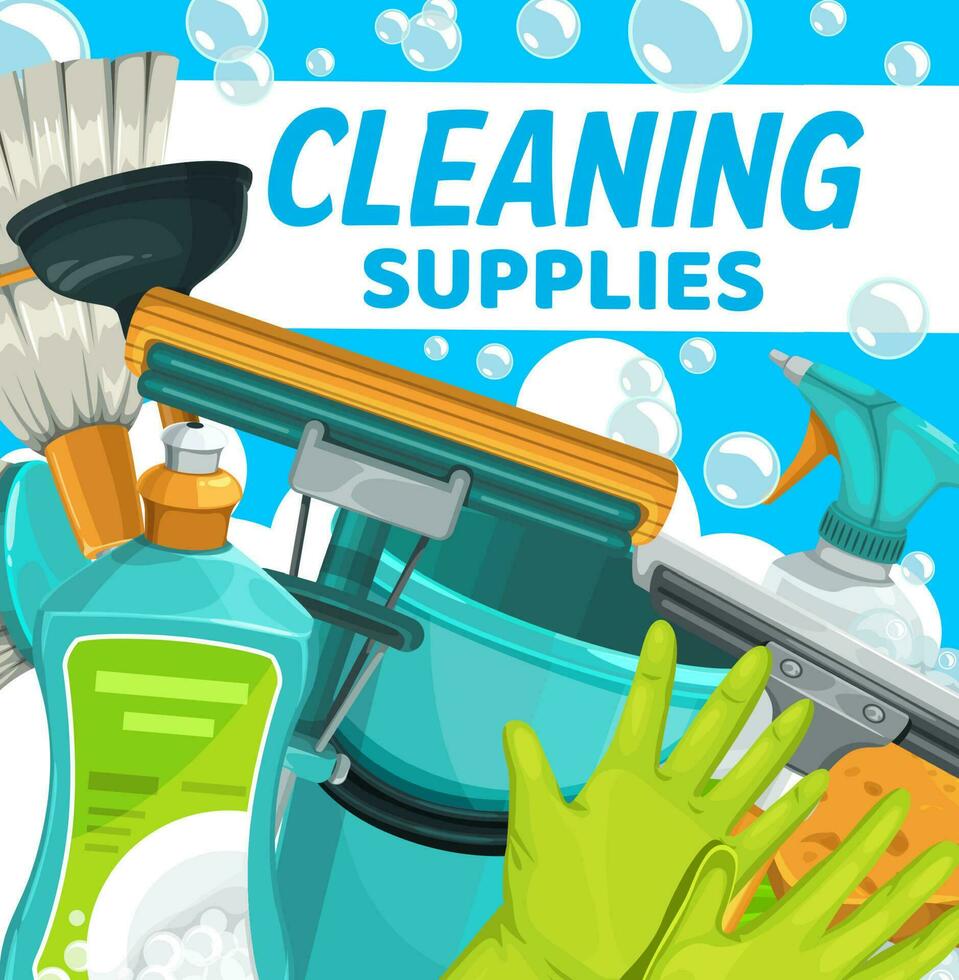 Cleaning supplies, household clean home equipment vector