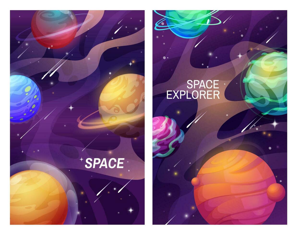 Space and galaxy universe planets, cartoon banners vector