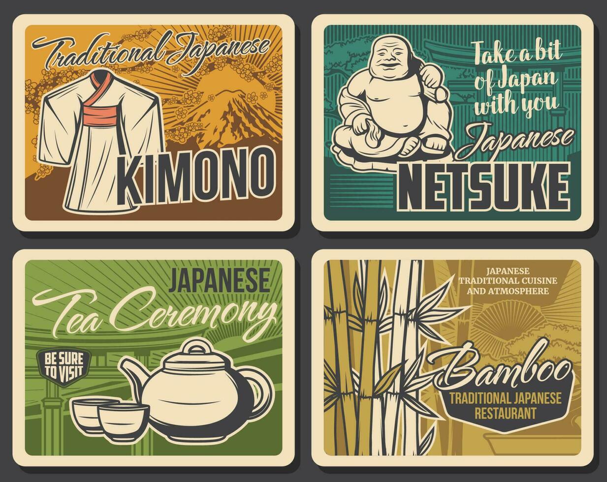 Japón cultura y tradiciones retro vector pancartas