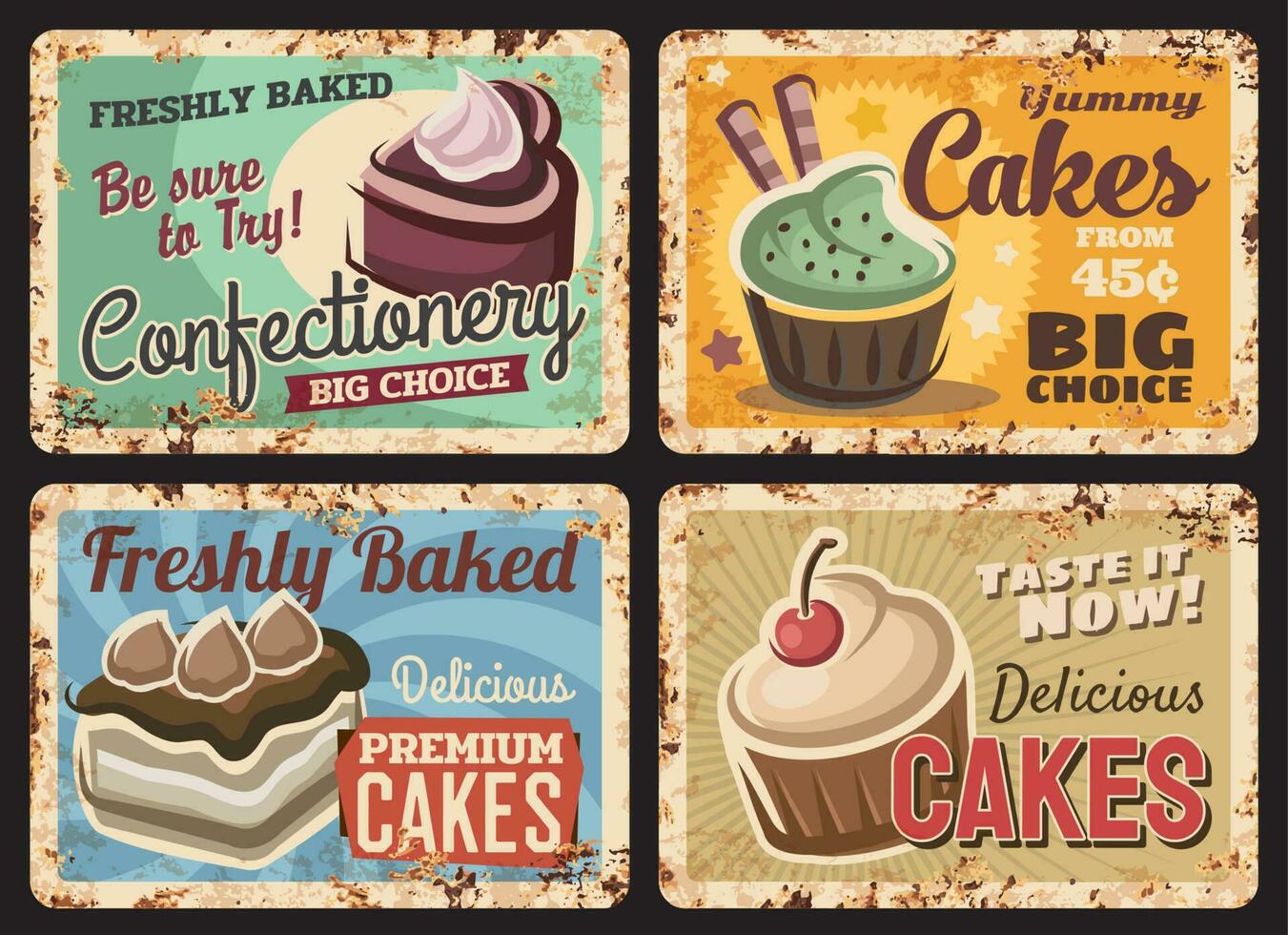 Cafe desserts, pastry shop cake rusty metal plate vector