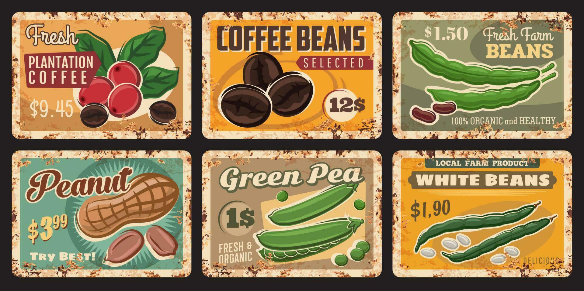 Bean, peanut, coffee and green pea tin signs vector