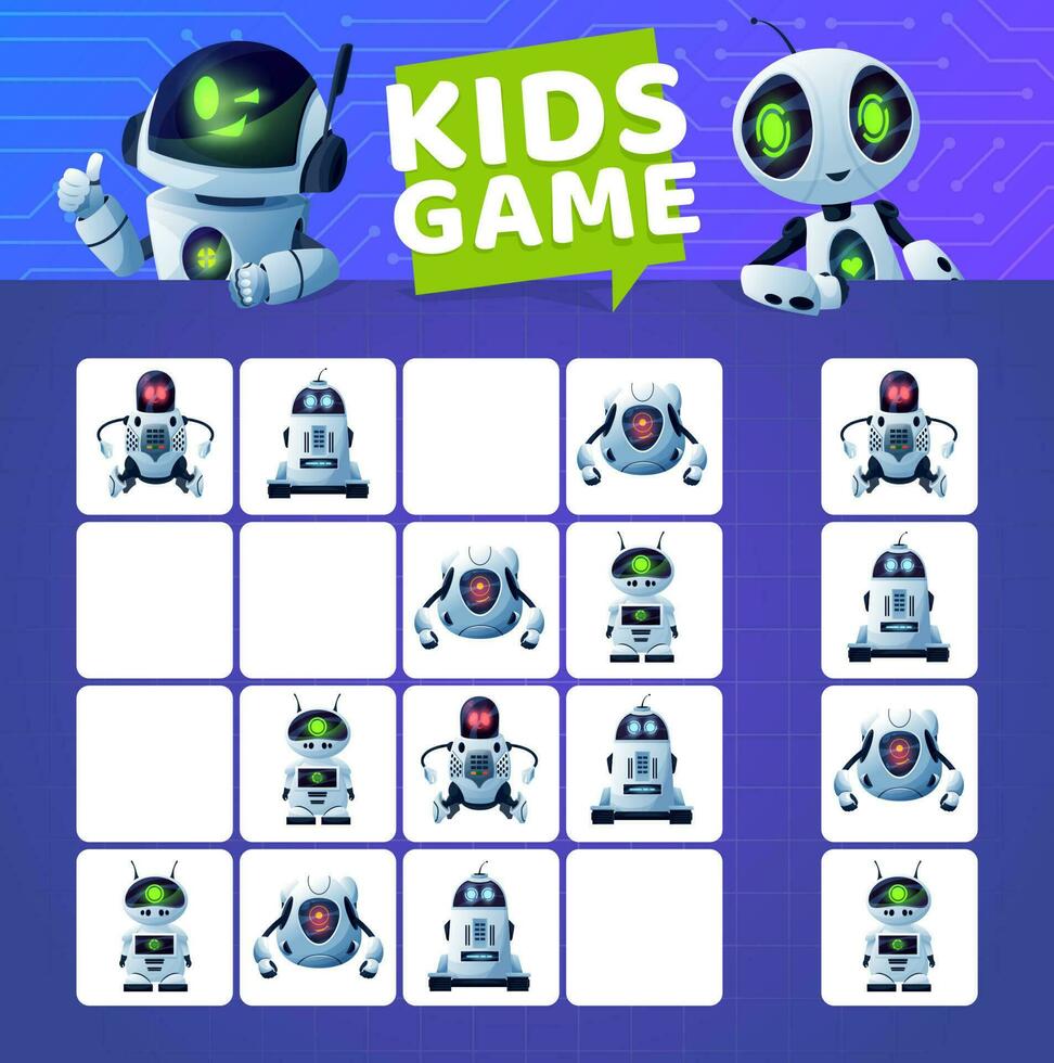 sudoku juego con dibujos animados robots y droides vector