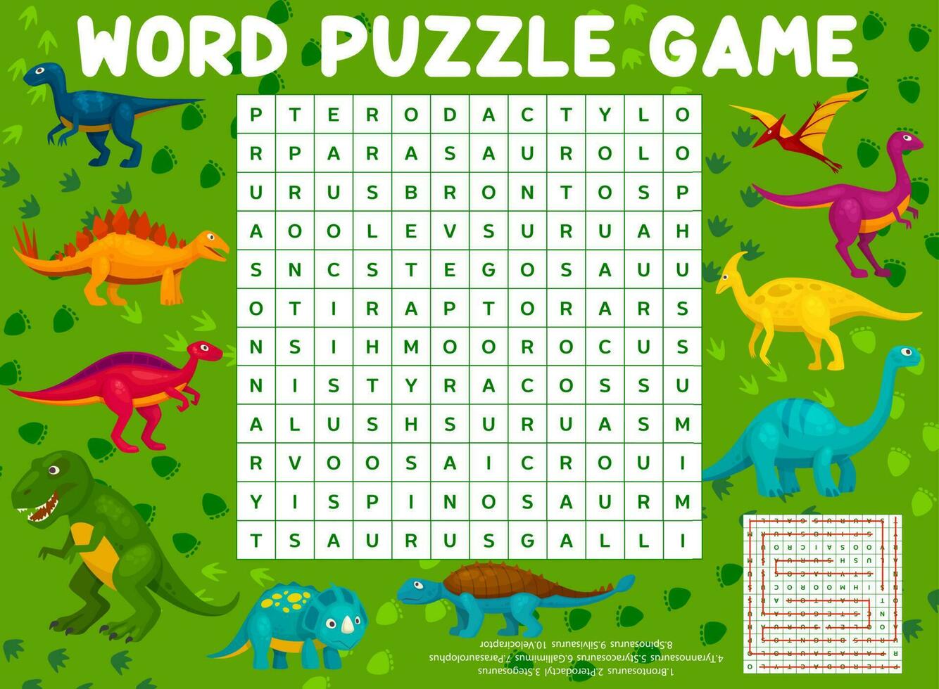 Funny cartoon dinosaur reptiles word search puzzle vector
