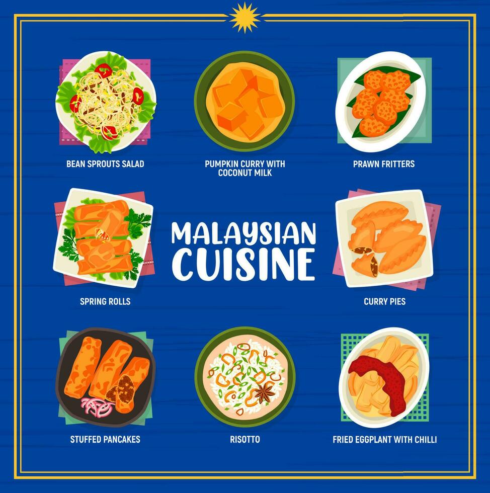 Malaysian cuisine menu, Asian restaurant food vector