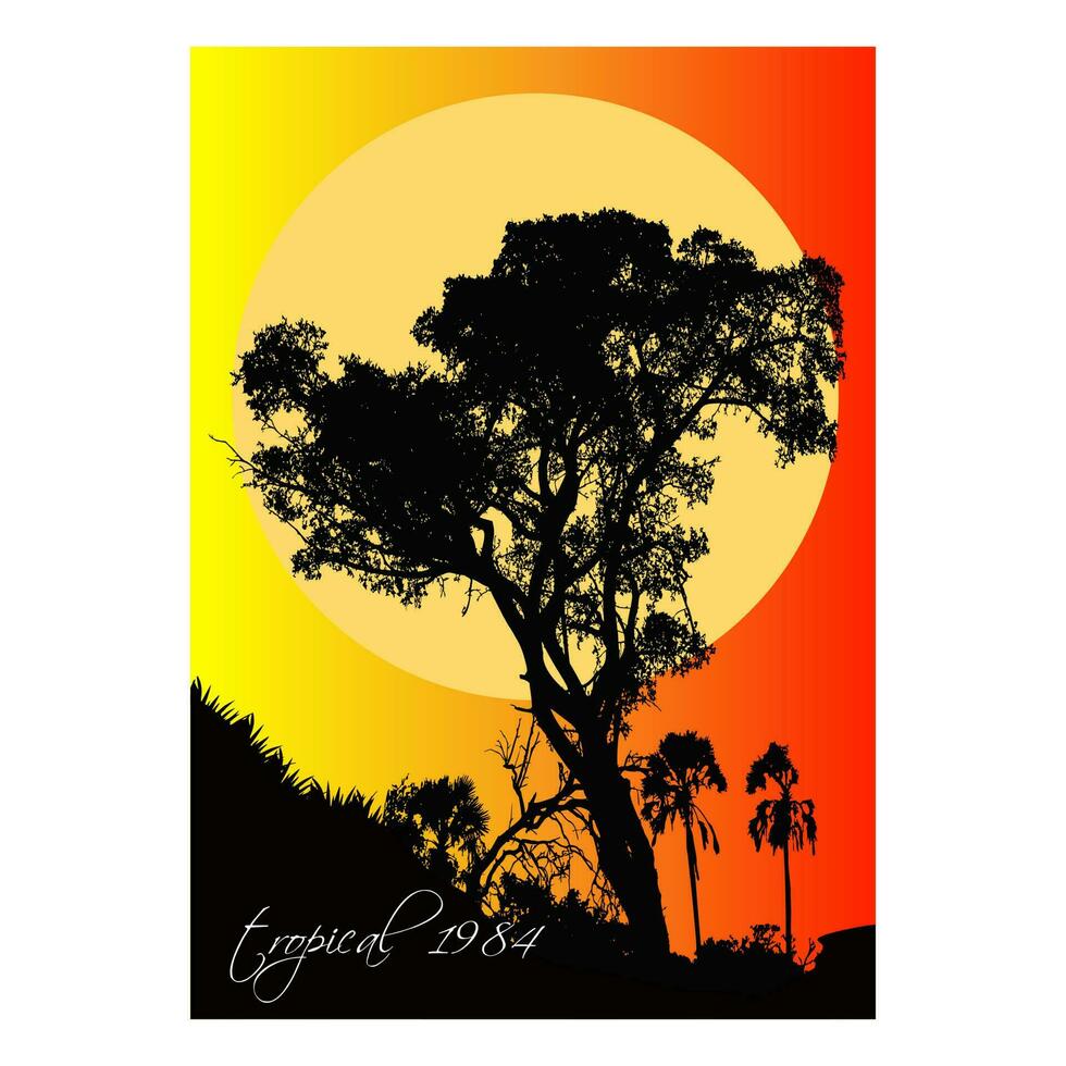 an illustration of a tree with a sunset background vector