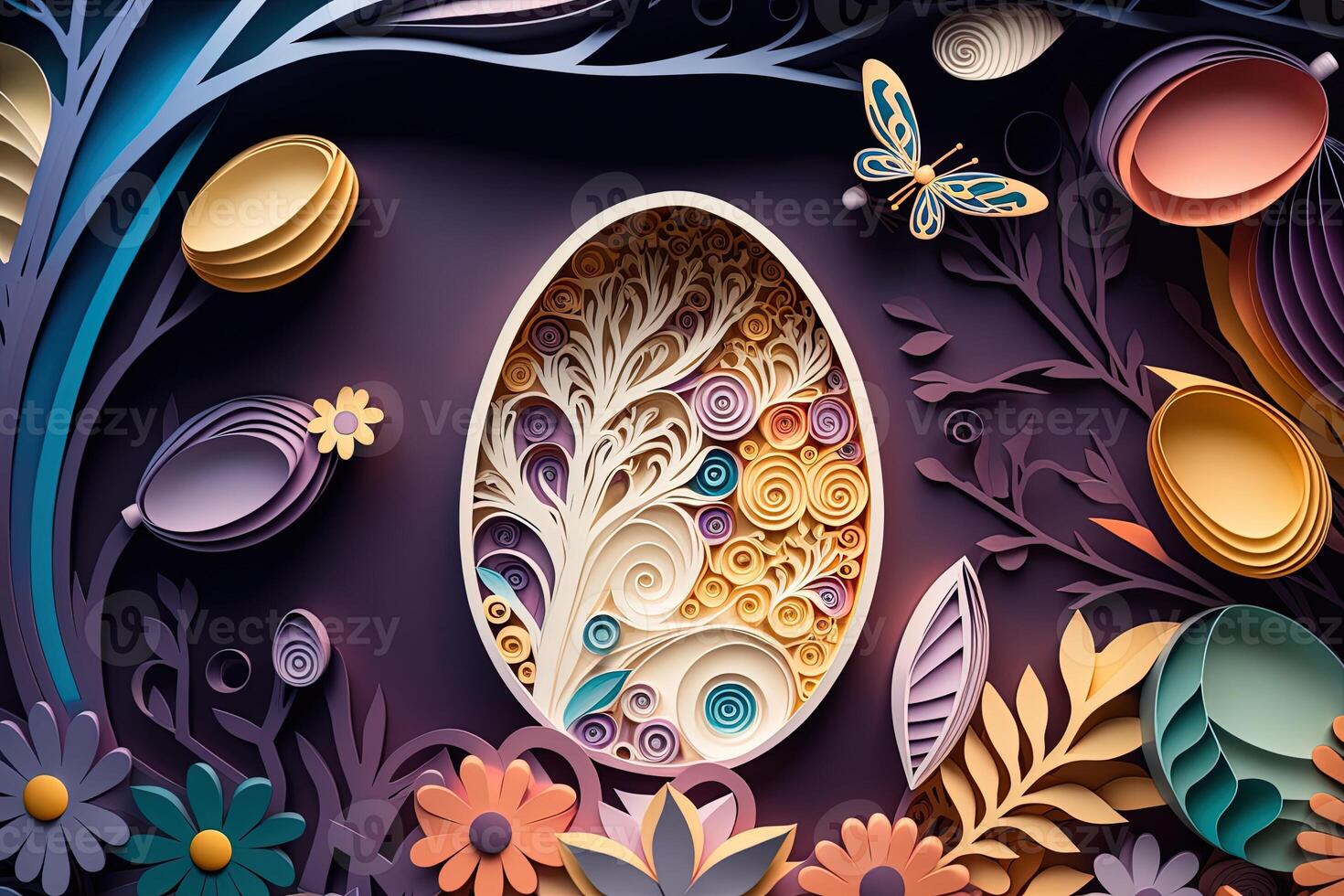 Generative AI paper cut quilling multi dimensional easter egg in easter celebration, a lot of egg and small rabbit in background. Spring concept. photo