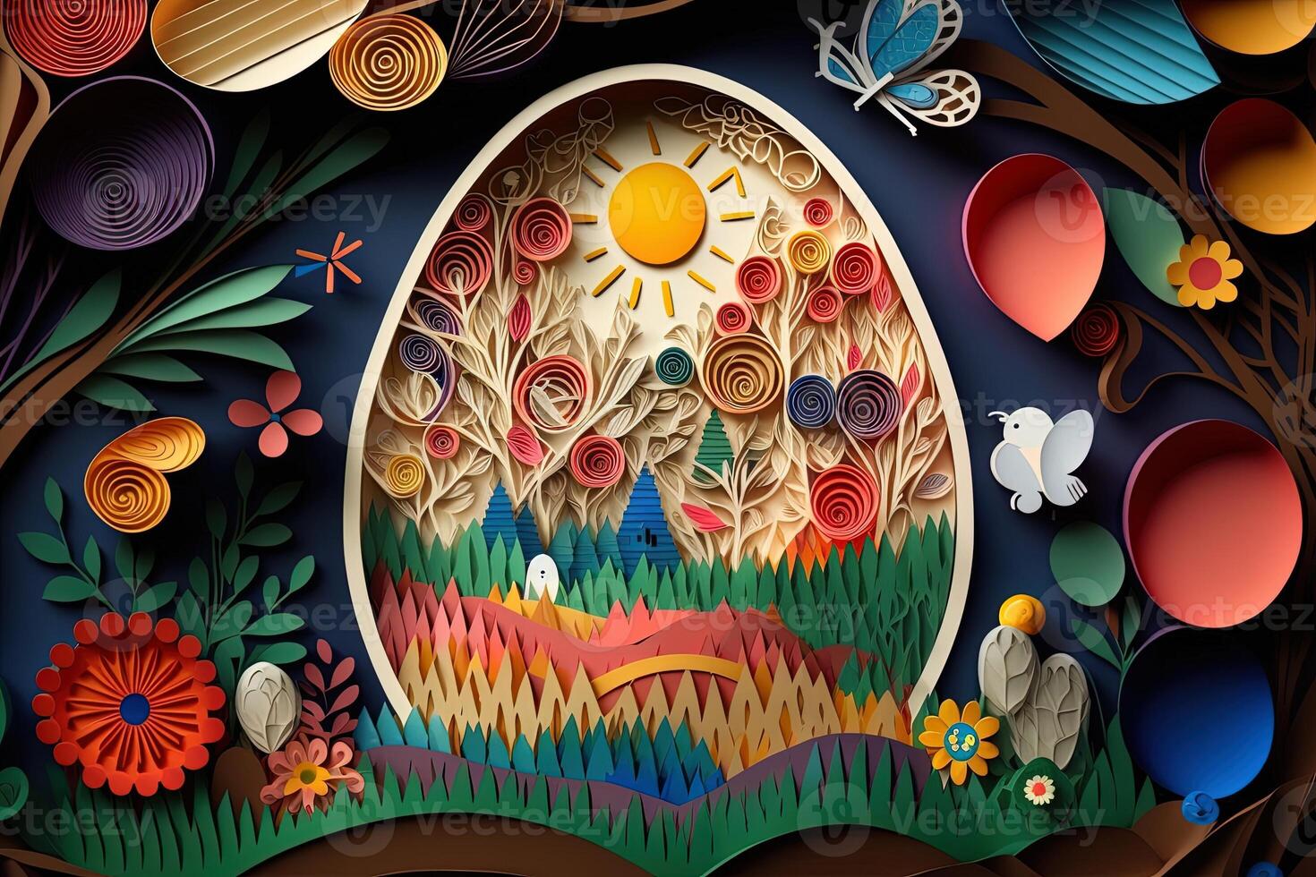 paper cut quilling multi dimensional easter egg in easter celebration, a lot of egg and small rabbit in background. Spring concept. photo