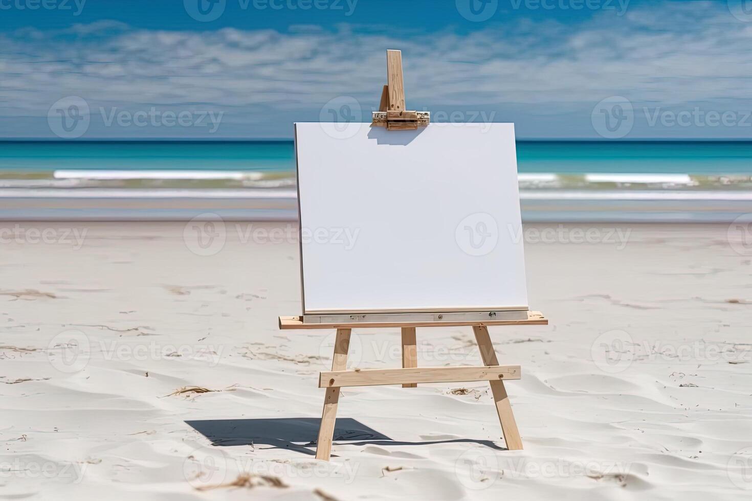 White blank artist frame on a small wooden easel on summer sea beach background with copy space. Advertising mockup artboard for pictures or artwork. Painting frame template banner. photo