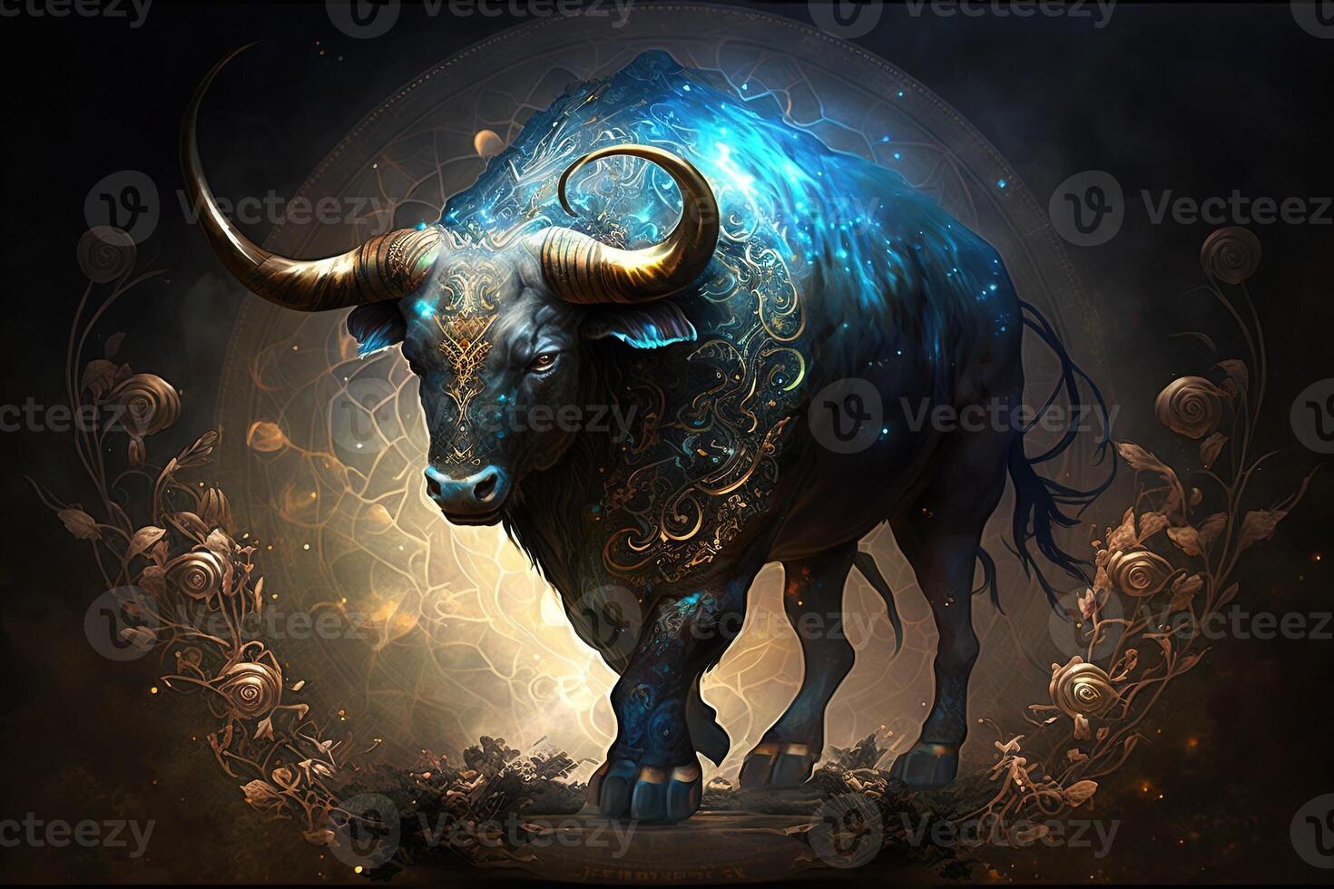 Backdrop of sacred zodiac Taurus symbols, astrology, alchemy, magic, sorcery and fortune telling. digital painting. Zodiac sign Taurus on the starry sky close up photo