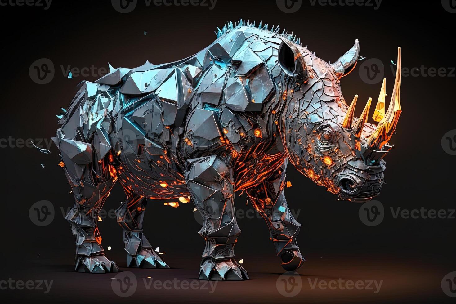 fusion of metal Rhino exploding through fire surrounded by scattered glass shards and debris, cosmic energy photo