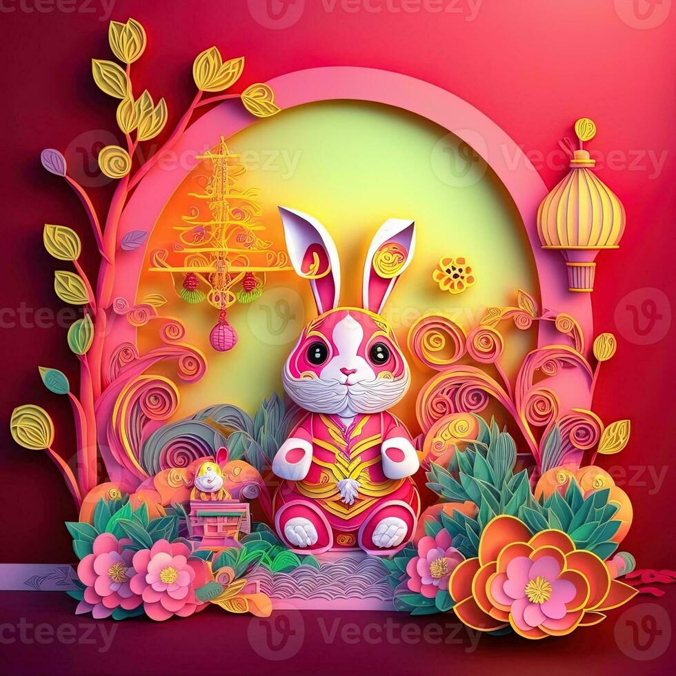 Paper cut quilling multidimensional chinese style cute zodiac rabbit with lanterns, blossom peach flower in background, chinese new year. Lunar new year 2023 concept photo