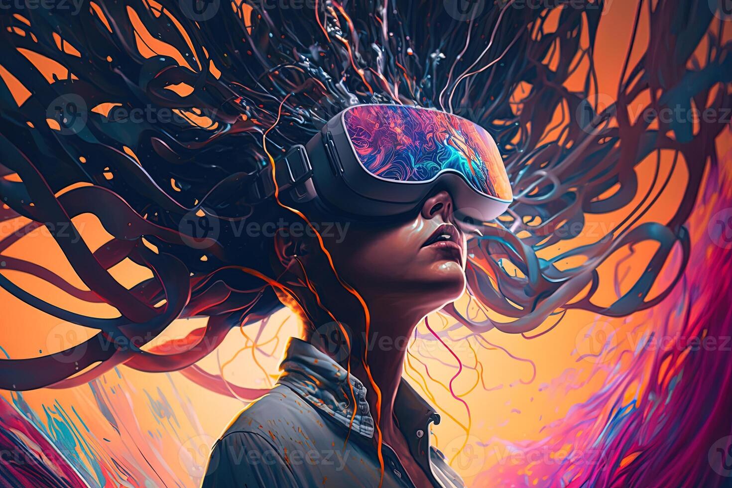 generativo ai ilustración de un entusiasta joven mujer vistiendo virtual realidad gafas de protección es dentro el metaverso. metaverso concepto y virtual mundo elementos. juegos y entretenimiento de el digital foto