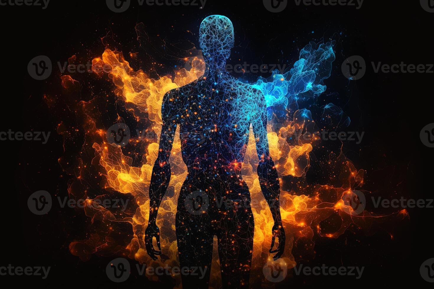 Astral body silhouette with abstract space background. Esoteric, spiritual life and meditation concept. Afterlife and connection with other worlds. Created with photo