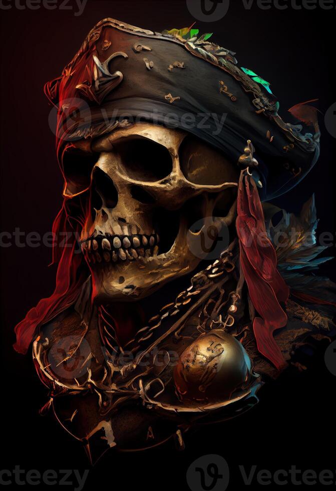 illustration of an old skull pirate on board a ship, a portrait of a captain, a sea wolf, black background, photo