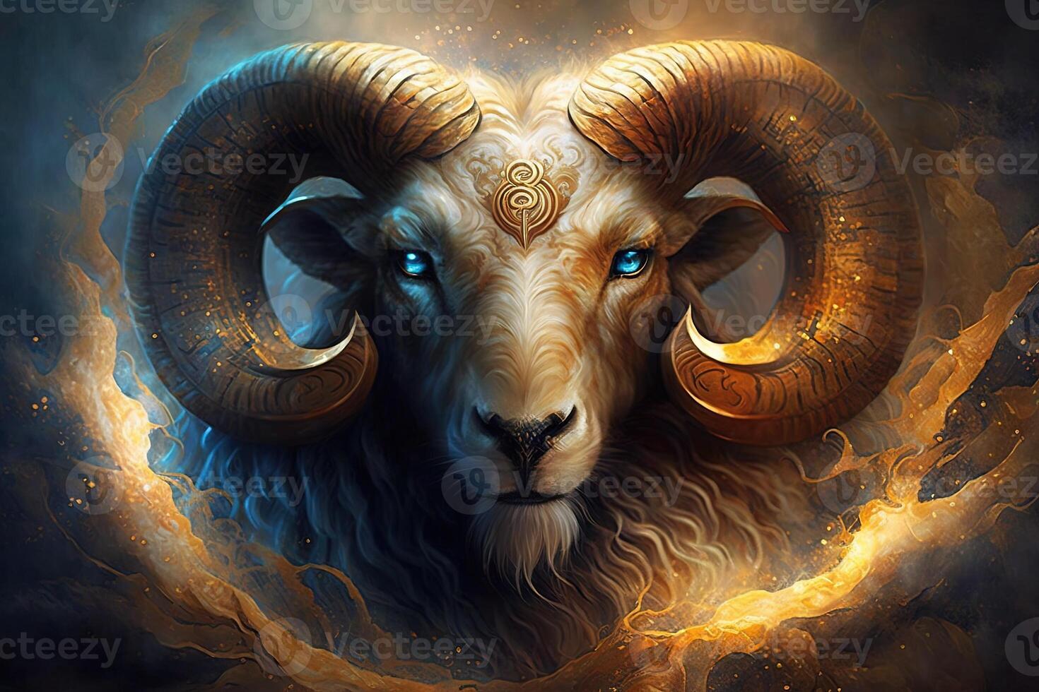 Backdrop of sacred zodiac Aries symbols, astrology, alchemy, magic, sorcery and fortune telling. digital painting. Zodiac sign Aries on the starry sky close up photo