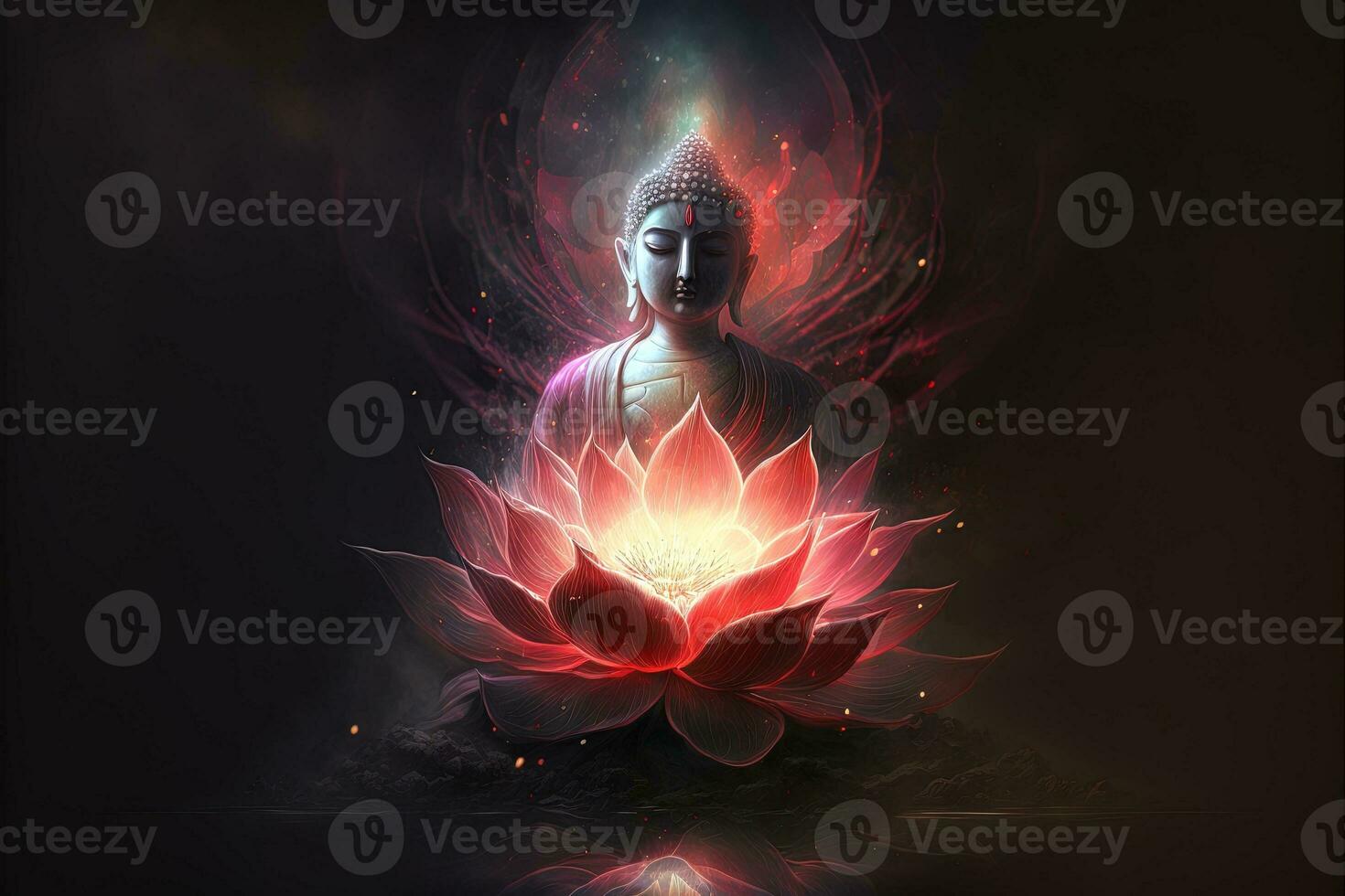 Beautiful light spectrum Buddha's light flashing, Bright red, yellow lotus flower, burning cloud-like petals, surrounded by magic chaos light, white smoke, falling reflected light, water pattern. photo
