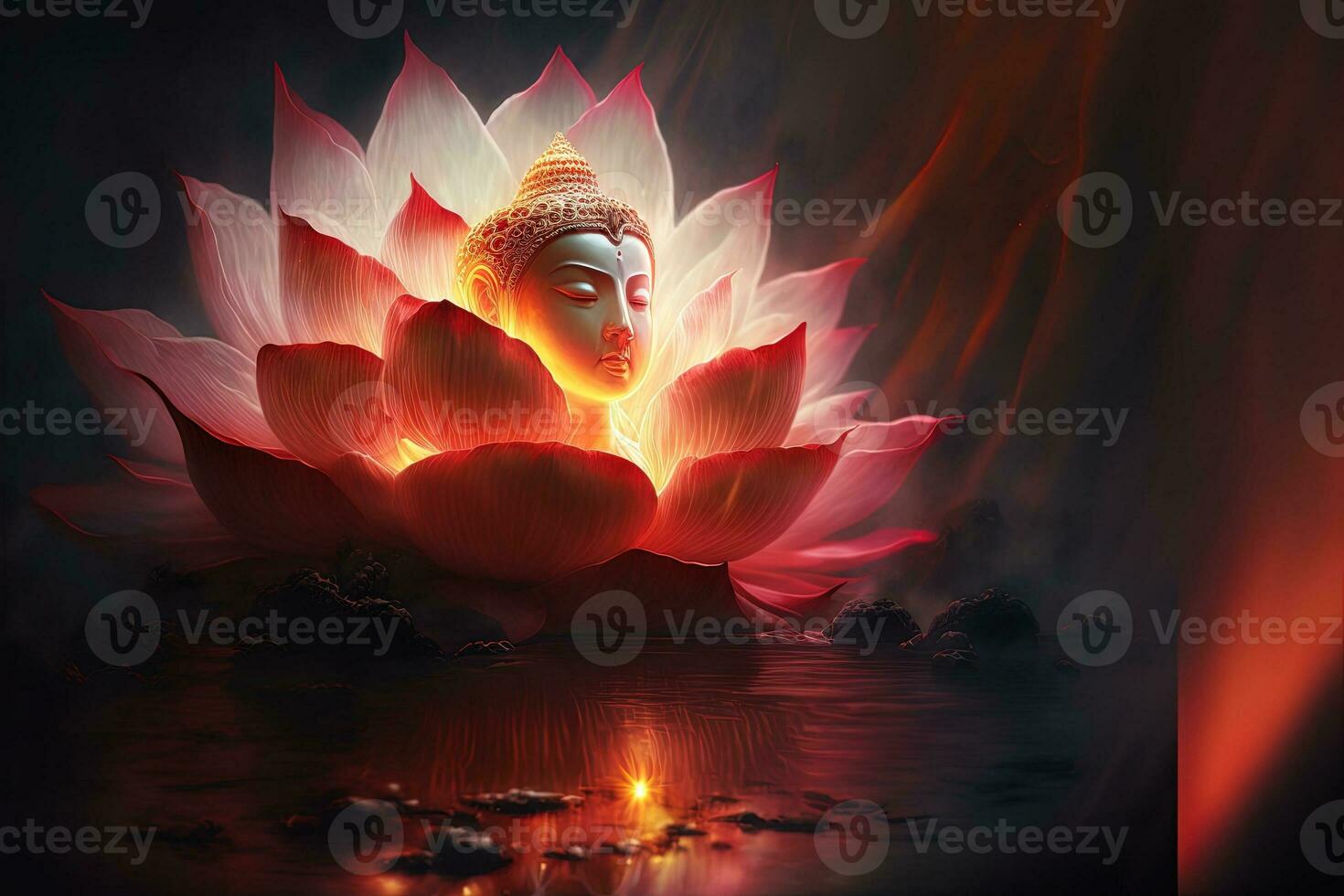 Bright red, yellow lotus flower, burning cloud-like petals, surrounded by magic chaos light, white smoke, falling reflected light, Lotus light with pearls floating on a sparkly background. photo