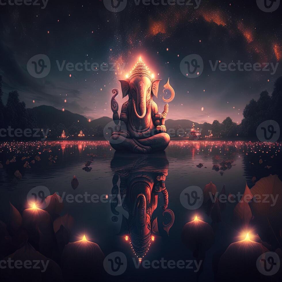 There are many galactic stars in the night sky of a huge massive GANESHA statue, with red lanterns rising in the sky, crowds watching the lantern festival. Ganesha Festival. photo