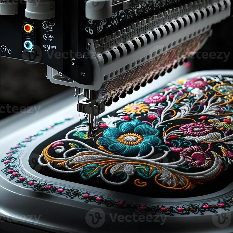 Modern and automatic high technology embroidery machine for textile or clothing apparel making manufacturing process in industrial. Close up Computerized embroidery machines. photo