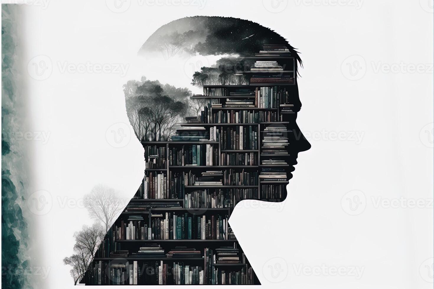 a bookshelf full of books, double exposure young man blended image, front profile on white background. Creative ideas, knowledge and skills of person in social network. photo