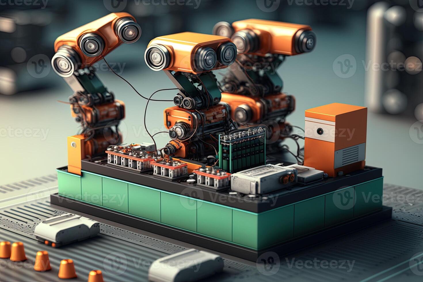 Interior of industry factory, Robot assembly line with electric car battery cells module on platform. photo