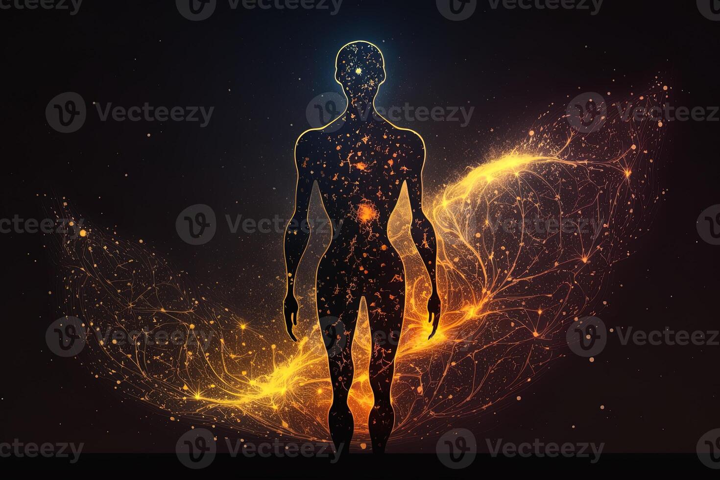 Astral body silhouette with abstract space background. Esoteric, spiritual life and meditation concept. Afterlife and connection with other worlds. Created with photo