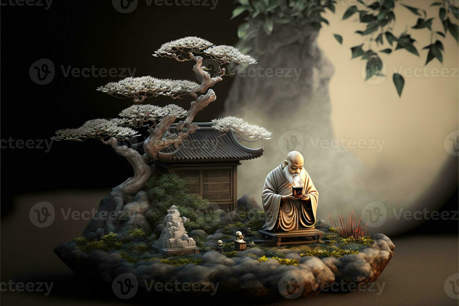 Miniature desk zen sandbox with Monk figure sit in Lotus position, stacked zen sea stones, brown elephant figurines, spa candles burning against dark studio background, copy space. photo