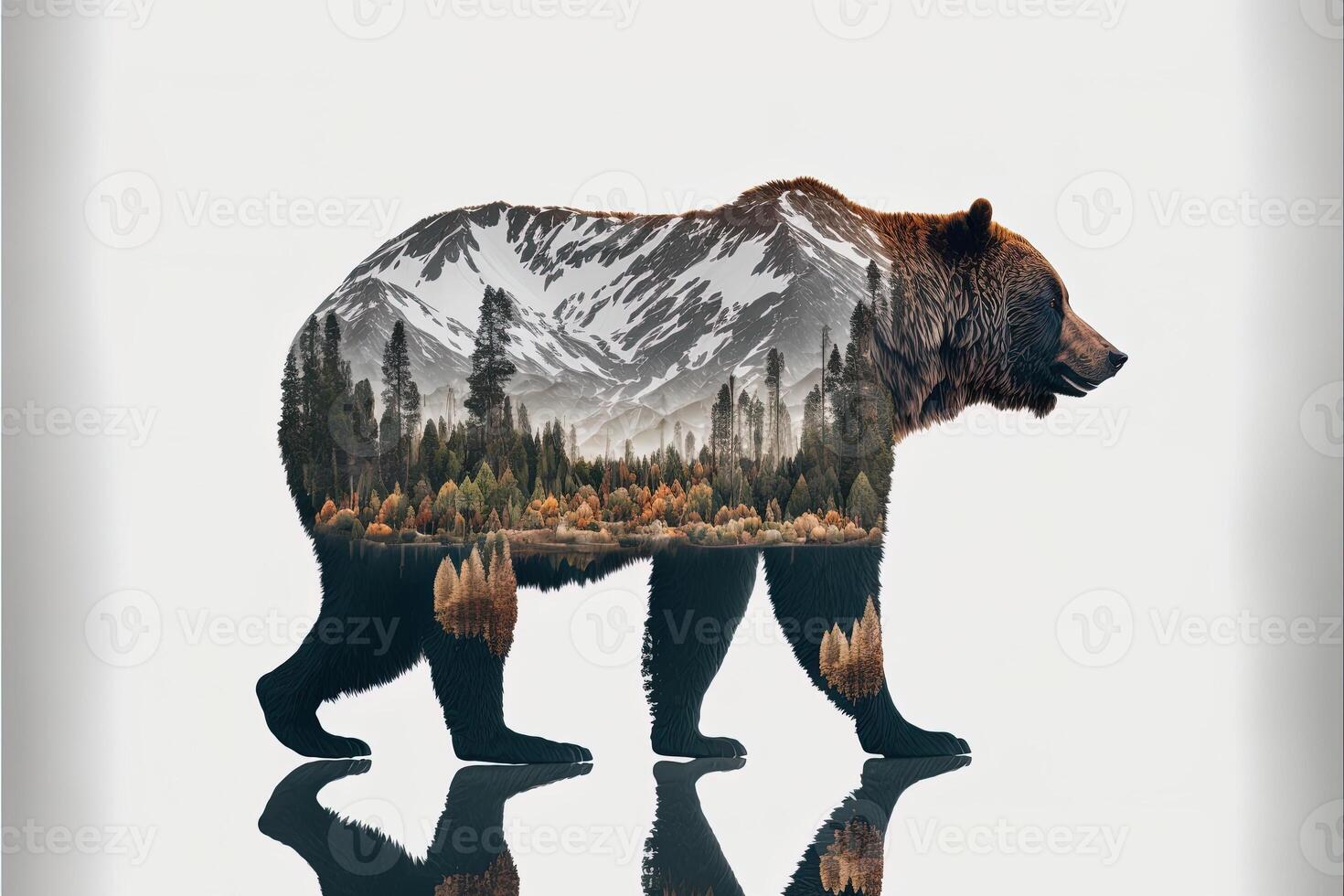 Double exposure of a bear and jungle on white background. Camping concept. Vintage Grizzly for t-shirt design, sticker, poster, and wallpaper. Adventure bear illustration photo