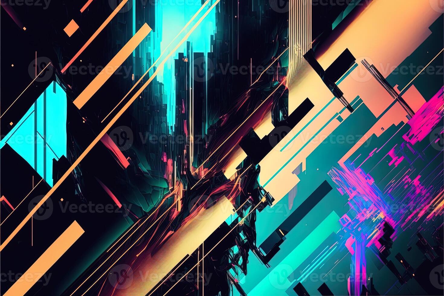 Abstract background with interlaced digital glitch and distortion effect. Futuristic cyberpunk design. Retro futurism, web punk, rave 80s 90s cyberpunk aesthetic techno neon colors. photo