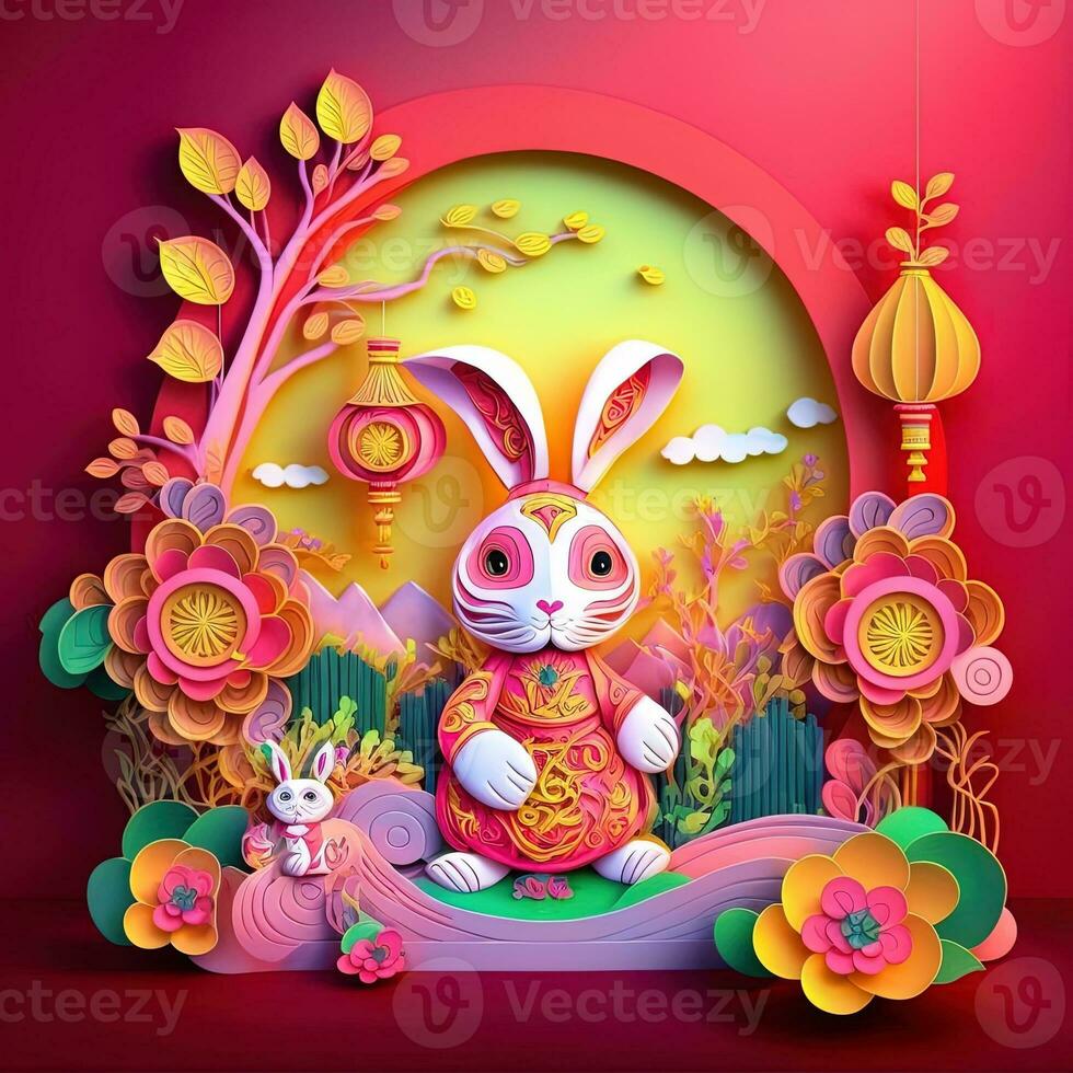 Paper cut quilling multidimensional chinese style cute zodiac rabbit with lanterns, blossom peach flower in background, chinese new year. Lunar new year 2023 concept photo