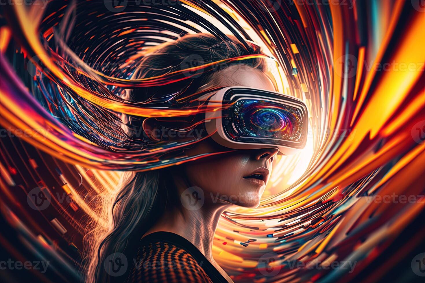 generativo ai ilustración de un entusiasta joven mujer vistiendo virtual realidad gafas de protección es dentro el metaverso. metaverso concepto y virtual mundo elementos. juegos y entretenimiento de el digital foto