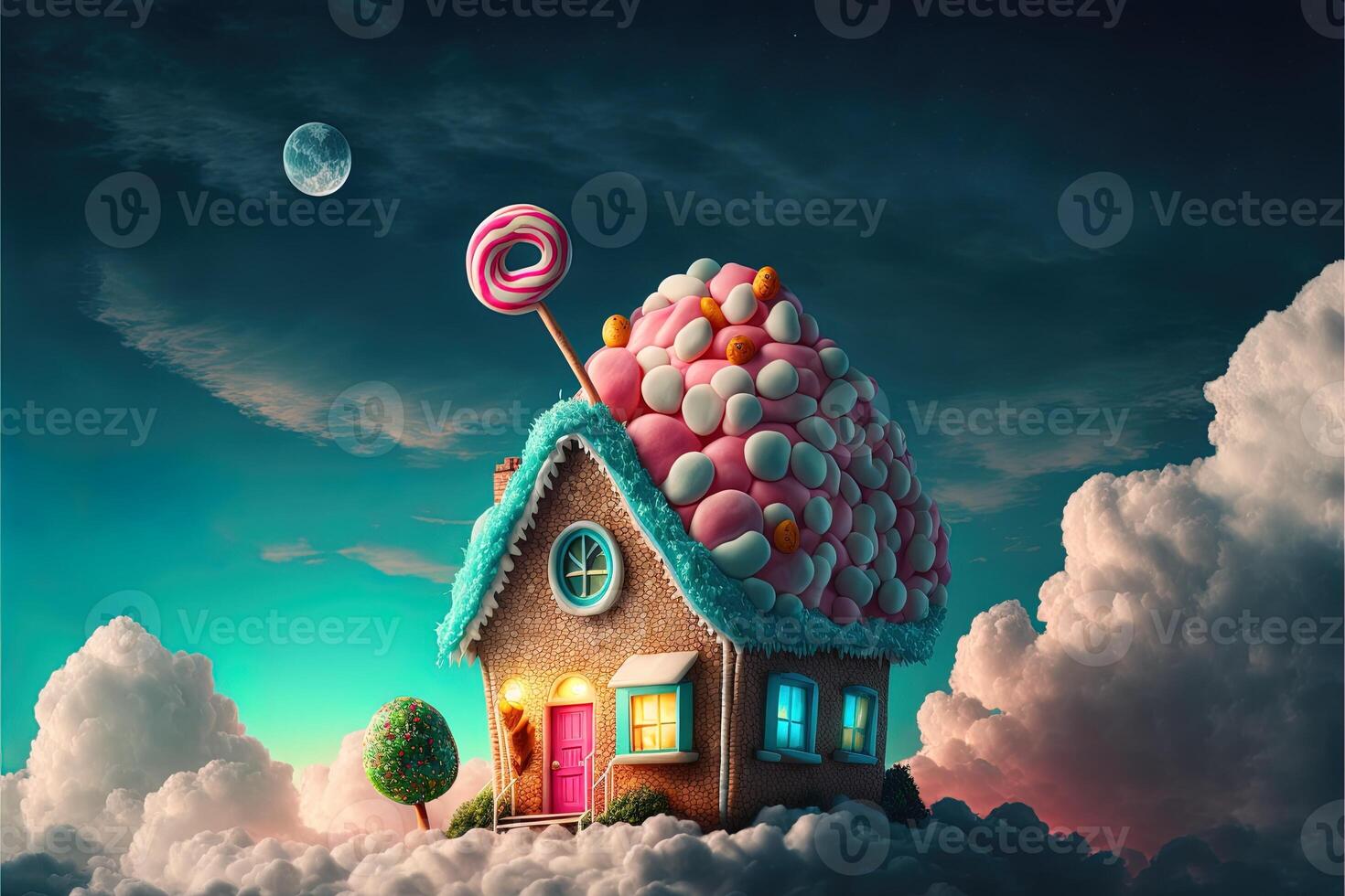 Christmas decorations with colorful gingerbread pink house and colorful candy on white cloud. Winter holidays new year and xmas composition. Amazing fairy Christmas house. photo