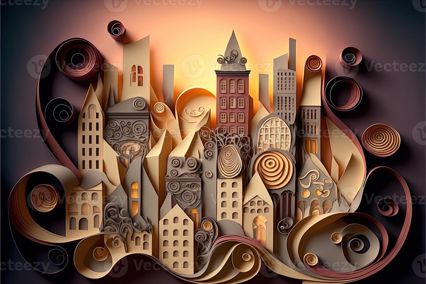 paper quilling style urban design. Multidimensional paper quilling craft illustration a small city. photo