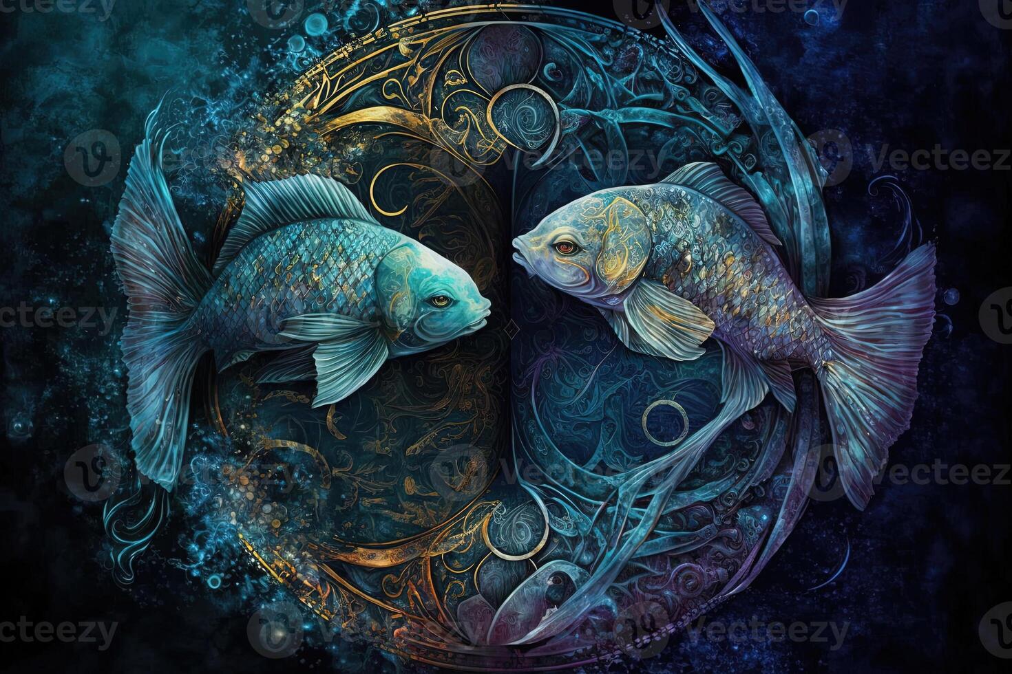 Backdrop of sacred zodiac Pisces symbols, astrology, alchemy, magic, sorcery and fortune telling. digital painting. Zodiac sign Pisces on the starry sky close up photo